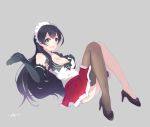  1girl :d agano_(kantai_collection) anchor_symbol armpits bangs bare_shoulders black_gloves black_hair black_shoes blush breasts cleavage collarbone covered_nipples elbow_gloves full_body gloves green_eyes grey_background hand_on_own_chest high_heels highres kantai_collection knees_together_feet_apart large_breasts long_hair looking_at_viewer maid_headdress open_mouth outstretched_hand pleated_skirt red_skirt shirt shoes simple_background single_thighhigh skirt sleeveless sleeveless_shirt smile solo tareme tbd11 thigh-highs thighs very_long_hair waitress white_shirt 