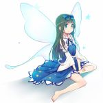  barefoot black_hair bow denkikettle detached_sleeves dress fairy green_eyes long_hair ribbon simple_background sitting smile star_sapphire touhou white_background wings 
