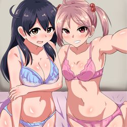  2girls bed black_hair bra breasts brown_eyes cleavage kantai_collection large_breasts lingerie multiple_girls panties pink_hair red_eyes sazanami_(kantai_collection) self_shot senshiya underwear ushio_(kantai_collection) 