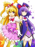  2girls :d asahina_mirai black_gloves black_hat blonde_hair bow cowboy_shot cure_magical cure_miracle elbow_gloves gloves hair_bow hairband half_updo hat holding_hands izayoi_liko long_hair looking_at_viewer magical_girl mahou_girls_precure! mini_hat mini_witch_hat moja4192 multiple_girls open_mouth pink_bow pink_hat pink_skirt ponytail precure puffy_sleeves purple_hair purple_skirt red_bow skirt smile star violet_eyes white_gloves witch_hat 
