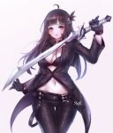  1girl artist_name bangs belt black_bra black_gloves black_hair black_pants blunt_bangs blush bra breasts brown_eyes character_request cleavage closed_mouth collar cowboy_shot gloves hair_ornament heart holding_sword holding_weapon long_hair long_sleeves looking_at_viewer maplestory_2 navel pants shale simple_background solo stomach sword thigh_gap underwear weapon 