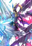  1girl angel_wings armor asymmetrical_wings breasts brown_hair digimon digimon_story:_cyber_sleuth feathers head_wings helmet mask mastemon sidelocks simple_background solo wings winni 