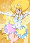  1girl :d blonde_hair boots bow brooch cure_honey earrings elbow_gloves frills gloves hair_bow happinesscharge_precure! highres innocent_form_(happinesscharge_precure!) jewelry knee_boots layered_skirt long_hair magical_girl oomori_yuuko open_mouth orange_background outstretched_arms precure smile solo spread_arms tamo_(nama-yatsuhashi) white_boots white_bow white_gloves yellow_eyes 
