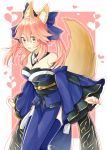  animal_ears blue_legwear bow breasts caster_(fate/extra) cleavage detached_sleeves fate/extra fate/grand_order fate_(series) fox_ears fox_tail hair_bow hair_ribbon heart highres japanese_clothes large_breasts looking_at_viewer open_mouth pink_hair ribbon tail thigh-highs yellow_eyes 