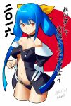  1girl bare_shoulders blue_hair breasts choker cropped_legs detached_sleeves dizzy guilty_gear guilty_gear_xrd hair_ribbon long_hair navel no_wings perky_breasts red_eyes ribbon smile solo twintails upper_body zaki_(narashigeo) 
