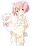  1girl absurdres bell bell_collar cat_lingerie cat_paws cat_tail choker cleavage_cutout collar gloves hair_ribbon highres kaname_madoka mahou_shoujo_madoka_magica midriff paw_gloves paws pink_eyes pink_hair ribbon short_twintails solo tail thigh-highs tsubaki_(tatajd) twintails 