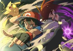  2boys baseball_cap black_hair brown_eyes brown_hair denim electricity fang fingerless_gloves gloves glowing hand_on_headwear hat jeans koma_yoichi long_sleeves male_focus multiple_boys ookido_shigeru open_mouth pants pikachu pointy_ears poke_ball pokemon pokemon_(anime) pokemon_(creature) red_eyes satoshi_(pokemon) short_hair short_sleeves smile tail umbreon 