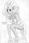  1girl animal_ears big_hair breast_press breasts buckle cat_ears cat_tail crossed_arms dress elbow_gloves felicia formal gloves high_heels highres houruri leaning_forward legs lipstick long_hair makeup midnight_bliss monochrome scan sitting tail vampire_(game) wavy_hair 