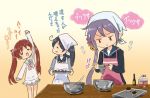  ahoge akebono_(kantai_collection) apron arm_up bell chocolate_making closed_eyes commentary_request cooking flower hair_bell hair_flower hair_ornament hair_ribbon kantai_collection kerchief libeccio_(kantai_collection) milk miniskirt mixing_bowl otoufu pursed_lips ribbon school_uniform serafuku side_ponytail skirt sweater translation_request twintails ushio_(kantai_collection) 