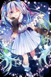  1girl blue_eyes blue_hair dress earmuffs fuyu_no_yoru_miku green_hair hatsune_miku highres long_hair loose_socks one_eye_closed open_mouth single_thighhigh socks solo star thigh-highs twintails very_long_hair vocaloid yuruno 