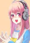  1girl blush breasts halfway headphones large_breasts long_hair looking_at_viewer nitroplus open_mouth pink_hair red_eyes smile solo super_sonico 
