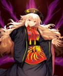  1girl abusoru black_dress chinese_clothes dress fox_tail hand_on_own_face hat highres junko_(touhou) long_hair long_sleeves looking_at_viewer multiple_tails nail_polish obi orange_hair red_eyes sash smile solo tabard tail touhou wide_sleeves 