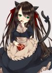  1girl animal_ears apron blush breasts brown_hair cat_ears cat_tail dress green_eyes hair_ribbon long_hair looking_at_viewer open_mouth ribbon sitting smile solo tail tamasaka_makoto tokyo_7th_sisters two_side_up valentine very_long_hair 