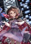  1girl absurdres brown_eyes brown_hair building cape city_lights dutch_angle glasses gloves hat hat_ribbon highres kekkai long_sleeves looking_at_viewer low_twintails open_mouth plaid plaid_skirt plaid_vest red-framed_glasses ribbon shirt short_hair skirt skirt_set smile solo touhou twintails upskirt usami_sumireko vest white_gloves zener_card 