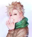  1boy artist_name blonde_hair breath caesar_anthonio_zeppeli eyelashes facial_mark from_side green_eyes hands_together jojo_no_kimyou_na_bouken kedouin_kororu looking_at_viewer male_focus scarf signature solo upper_body 