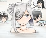  3_3 3girls ahoge asashimo_(kantai_collection) bathing black_hair choukai_(kantai_collection) closed_eyes commentary dated glasses glasses_removed hair_over_one_eye hamu_koutarou imagining kantai_collection long_hair multiple_girls ooyodo_(kantai_collection) silver_hair simple_background towel towel_on_head 