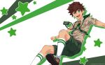  1boy bandage_on_face bandages bandaid bandaid_on_face bandaid_on_knee bandaid_on_leg brown_hair brown_shirt camera camera_around_neck camp_buddy collared_shirt copyright copyright_name foot_out_of_frame green_eyes green_ribbon green_shorts highres male_focus mikkoukun nagame_keitaro official_art official_wallpaper open_mouth ribbon shirt shorts smile socks solo starry_background white_background white_socks 