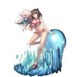  1girl animal_ears bikini brown_hair cat_ears frilled_bikini frills highres jewelry kai-ri-sei_million_arthur long_hair navel necklace official_art original shark side-tie_bikini solo standing_on_one_leg swimsuit very_long_hair water weiyinji_xsk white_bikini 