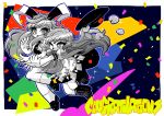  2girls animal_ears bow confetti congratulations food fruit headwear_removed hinanawi_tenshi hug hug_from_behind long_hair multiple_girls necktie one_eye_closed open_mouth partially_colored peach rabbit_ears reisen_udongein_inaba shirt skirt smile touhou very_long_hair yt_(wai-tei) 