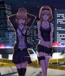  2girls adjusting_clothes adjusting_gloves alice_margatroid alternate_costume alternate_hairstyle arms_behind_head backlighting belt black_gloves black_legwear blonde_hair blue_eyes bow braid breasts building caution_tape cityscape cleavage du_mogu gloves hair_bow hairband highres jacket keep_out kirisame_marisa light long_sleeves midriff mouth_hold multiple_girls necktie night night_sky police_car ponytail shirt short_hair shorts side_braid single_braid single_glove skirt sky sleeveless star_(sky) tank_top thigh-highs touhou unzipped yellow_eyes zettai_ryouiki 