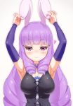 1girl animal_ears armpits arms_up bangs blunt_bangs chuchu_(show_by_rock!!) cross-laced_clothes detached_sleeves heart highres long_hair looking_at_viewer purple_hair rabbit_ears ringlets show_by_rock!! smile solo ten_piboshi upper_body violet_eyes 