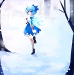  1girl arms_behind_back blue_dress blue_eyes blue_hair cirno dress from_behind full_body hair_ribbon ice ice_wings looking_at_viewer looking_back nr_(cmnrr) puffy_sleeves ribbon shoes short_hair short_sleeves snow snowing solo touhou tree wings 