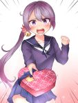  akebono_(kantai_collection) bell blush commentary_request flower hair_bell hair_flower hair_ornament heart_shape highres holding_gift kantai_collection miniskirt neit_ni_sei open_mouth purple_hair ribbon school_uniform serafuku shouting side_ponytail skirt sweat sweater translation_request valentine violet_eyes 