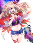  belt blonde_hair blue_eyes breasts choker cleavage crop_top earrings eyelashes flower groin hair_flower hair_ornament jewelry long_hair macross macross_frontier macross_frontier:_itsuwari_no_utahime microphone midriff mu_kougai navel open_mouth outline red_lips round_teeth sheryl_nome short_shorts shorts smile sparkle teeth tongue twitter_username wrist_cuffs 