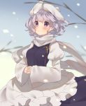  1girl apron blue_eyes blurry blush dress gradient gradient_background hat highres interlocked_fingers lavender_hair letty_whiterock long_sleeves looking_away open_mouth puffy_sleeves scarf short_hair solo touhou usamata waist_apron wide_sleeves 
