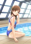  1girl absurdres ass brown_hair competition_swimsuit highres idolmaster idolmaster_cinderella_girls idolmaster_cinderella_girls_starlight_stage jakelian long_hair looking_at_viewer nitta_minami one-piece_swimsuit pool rei_no_pool smile solo swimsuit 