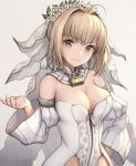  1girl ahoge blonde_hair blush breasts bridal_veil chain cleavage detached_collar detached_sleeves fate/extra fate/grand_order fate/stay_night fate_(series) head_wreath hisahisahisahisa large_breasts lock looking_at_viewer revision saber_bride saber_extra simple_background smile solo veil zipper 