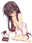  1girl bangs barefoot black_hair blush brown_hair chocolate covering covering_breasts embarrassed full-face_blush kotsu long_hair looking_at_viewer open_mouth ribbon shakugan_no_shana shana simple_background sitting solo topless valentine very_long_hair white_background 