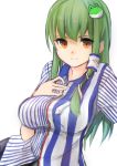  1girl alternate_costume bangs breasts closed_mouth collared_shirt employee_uniform frog_hair_ornament green_hair hair_ornament hair_tubes highres kochiya_sanae koretsuki_aduma large_breasts lawson long_hair looking_at_viewer orange_eyes shirt short_sleeves simple_background sketch smile snake_hair_ornament solo striped touhou uniform upper_body white_background 