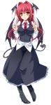  1girl alternate_eye_color bat_wings between_breasts black_legwear blush breasts collared_shirt demon_girl demon_tail demon_wings dress_shirt frills full_body hair_intakes head_wings high_heels highres koakuma large_breasts long_hair looking_at_viewer necktie necktie_between_breasts red_necktie redhead shirt simple_background skirt skirt_set smile solo tail touhou untucked white_background white_shirt wings yamu_(reverse_noise) yellow_eyes 