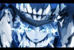  blue_eyes close-up collar commentary_request glowing glowing_eyes headgear highres hometa kantai_collection looking_at_viewer open_mouth shinkaisei-kan teeth white_hair wo-class_aircraft_carrier 