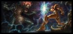  1girl adam_vehige alien arm_cannon armor battle brain claws cyborg cyclops death drooling fighting_stance highres looking_at_another metroid metroid_(creature) monster mother_brain nintendo one-eyed power_suit prosthesis saliva samus_aran sharp_teeth spikes super_metroid teeth varia_suit weapon 