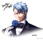  1boy blue_hair blue_rose bow bowtie dated flower formal gloves hand_on_own_chest hokuto_no_ken looking_to_the_side rose ryuga shaded_face short_hair smile suit tamaru_(tama_hosi) upper_body white_gloves 
