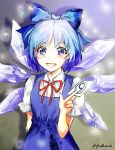  (9) 1girl blue_dress blue_eyes blue_hair blush cirno dress hair_ribbon ice ice_wings looking_at_viewer mimizu_(pixiv2703534) open_mouth puffy_sleeves ribbon short_hair short_sleeves smile solo sparkle touhou upper_body wings 