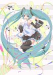  1girl absurdly_long_hair aqua_eyes aqua_hair detached_sleeves gnosis_(ylyk) hatsune_miku highres long_hair musical_note necktie open_mouth skirt solo star thigh-highs twintails very_long_hair vocaloid 