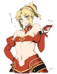 1girl blonde_hair chocolate_bar detached_sleeves eating fate/apocrypha fate/grand_order fate_(series) gitakua green_eyes midriff navel ponytail saber_of_red scrunchie solo strapless tubetop 