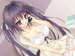  1girl artist_request bathroom black_hair breasts character_request cleavage copyright_request dress dutch_angle hair_intakes hair_ribbon large_breasts long_hair ribbon solo thigh-highs toilet twintails violet_eyes white_legwear 
