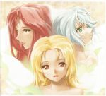  3girls artist_request blonde_hair brown_eyes crome_mayr green_eyes highres izulha lipstick long_hair makeup multiple_girls philhamonica_luroe redhead ru_li_lu_ra short_hair silver_hair smile topless 