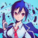  &gt;:( 1girl artist_name blue_background blue_bow blue_hair blue_jacket blue_shirt blurry blush bow buttons cartridge_case collarbone collared_shirt dress_shirt gun hair_between_eyes hair_bow handgun holding_gun holding_weapon jacket jacket_on_shoulders light_smile long_sleeves looking_at_viewer necktie nisekoi open_clothes open_jacket pistol qosic red_eyes red_necktie shirt silhouette simple_background smile solo spring_(object) tsugumi_seishirou tsurime upper_body weapon 