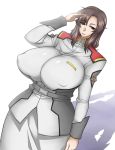  1girl breasts brown_eyes brown_hair curvy gundam gundam_seed hat hat_removed headwear_removed huge_breasts light_smile long_hair looking_at_viewer murrue_ramius otogi_tetsurou puffy_nipples salute shadow simple_background solo white_background wide_hips 