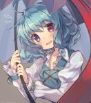  1girl artist_name blue_eyes blue_hair blush flying_sweatdrops grey_background head_tilt heterochromia highres karakasa_obake long_sleeves looking_at_viewer open_mouth puffy_sleeves red_eyes shirt short_hair simple_background solo tatara_kogasa tongue touhou umbrella upper_body usamata vest wavy_mouth 