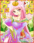  1girl bangs blunt_bangs blush breasts cleavage covered_nipples japanese_clothes kimono large_breasts long_hair looking_at_viewer marianne_(unholy_sanctuary) open_mouth pink_eyes pink_hair red_eyes solo tongue tongue_out unholy_sanctuary xtia 