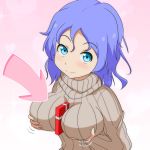  1girl alternate_costume aqua_eyes box breast_lift breasts cato_(monocatienus) commentary_request directional_arrow gift gift_box incoming_gift large_breasts lavender_hair letty_whiterock long_sleeves looking_at_viewer ribbed_sweater smile solo sweater touhou turtleneck turtleneck_sweater upper_body valentine 