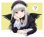  1girl ? black_wings bonnet confused doll_joints feathers flower frills gothic_lolita hairband head_rest ichikawa_masahiro lolita_fashion lolita_hairband rose rozen_maiden silver_hair solo suigintou wings 