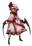  1girl adapted_costume bat_wings boots bow capelet full_body gloves hat hat_ribbon highres long_sleeves looking_to_the_side mob_cap no-kan red_eyes remilia_scarlet ribbon sash shirt short_hair silver_hair simple_background skirt skirt_set solo touhou white_background wings winter_clothes 