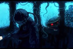  1girl anchor diver diving_helmet hat helmet koto_inari ladle murasa_minamitsu red_eyes sailor_hat skull tentacles touhou underwater 